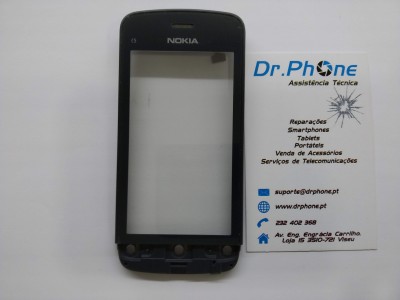 Peça frontal de telemóvel Nokia preta ao lado de cartão de visita Dr.Phone