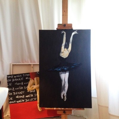 Pintura artística de bailarina em tela com fundo preto, sobre cavalete, com outra tela ao fundo com texto artístico.