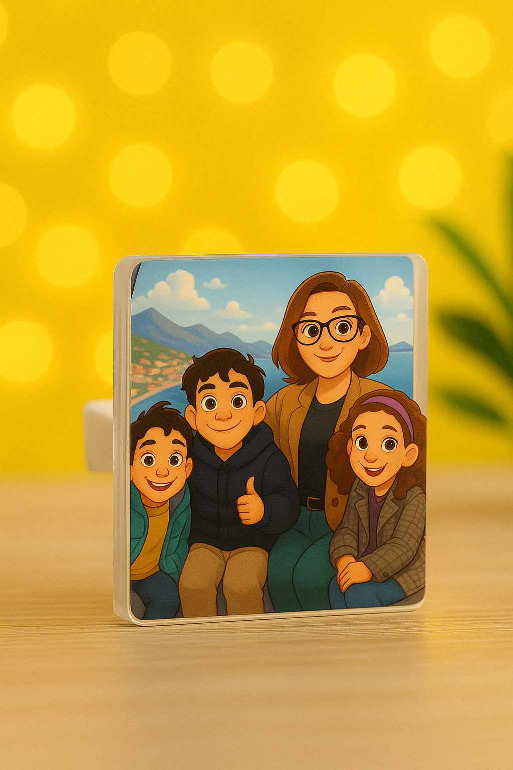 Peça quadrada com ilustração de quatro pessoas sorridentes em fundo com montanhas e céu azul.