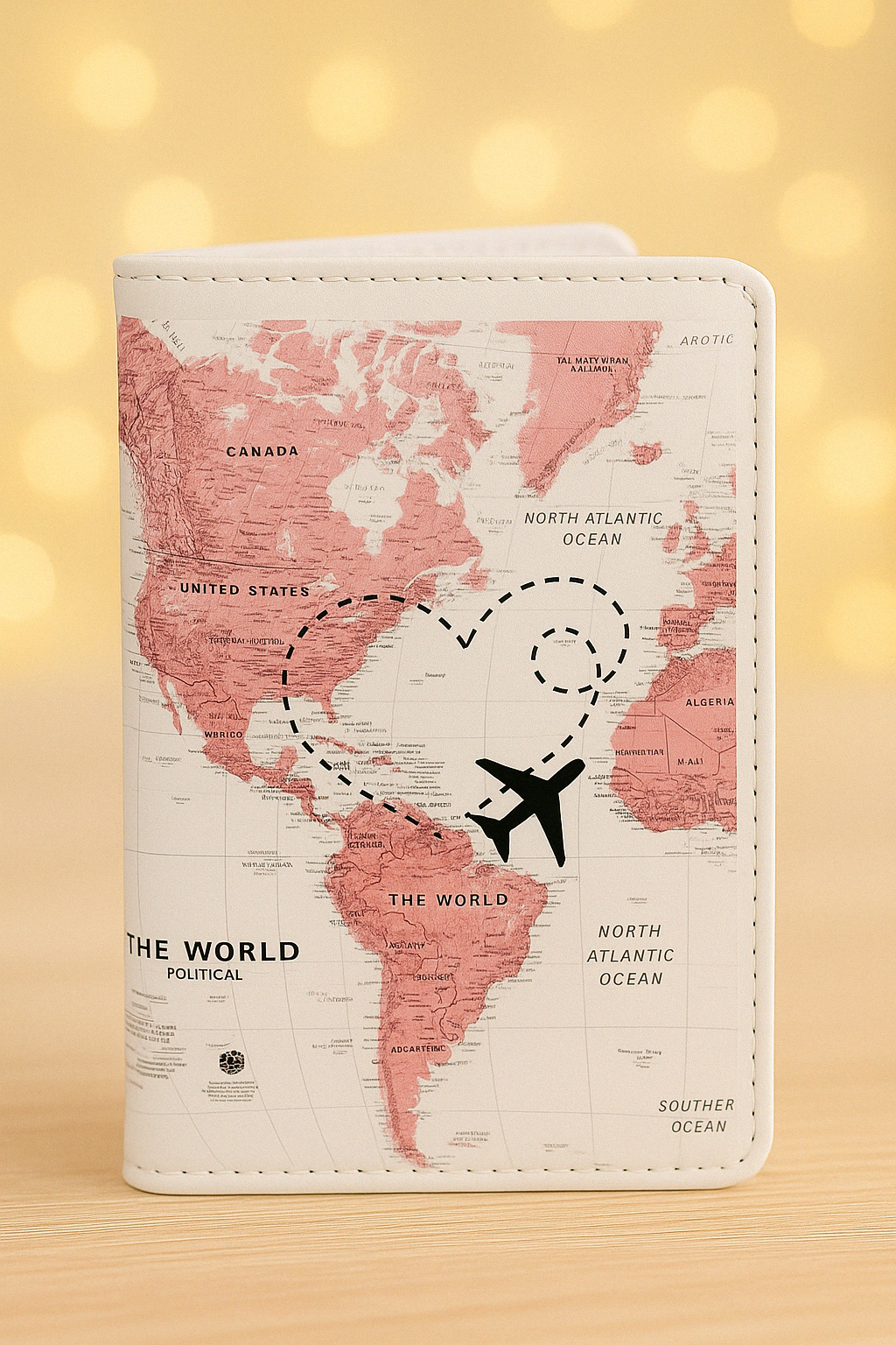 Carteira branca com estampa de mapa-múndi rosa e bege com avião preto e trilho em forma de coração