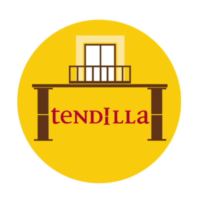 Logótipo com janela, varanda e texto tENDILLA em fundo amarelo