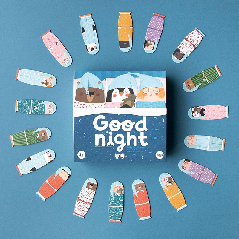 Jogo de cartas 'Good night' Londji, cartas com personagens a dormir e caixa no centro com fundo azul