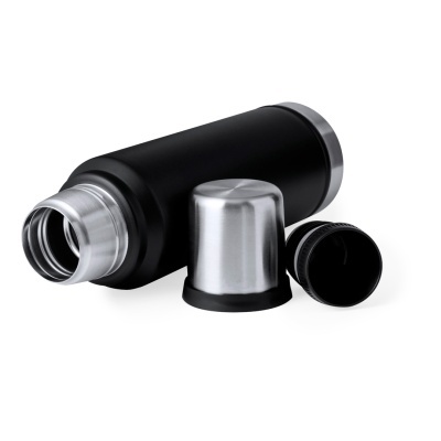 Garrafa térmica preta com tampas prateadas removidas