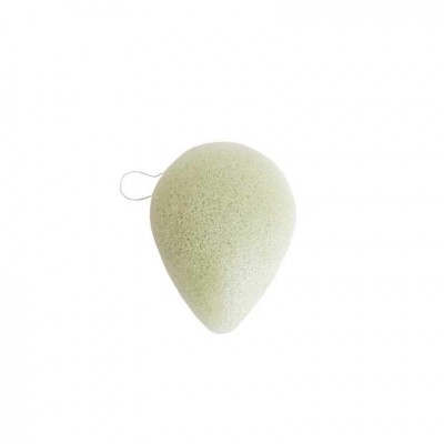 Esponja facial verde claro com laço em fundo branco