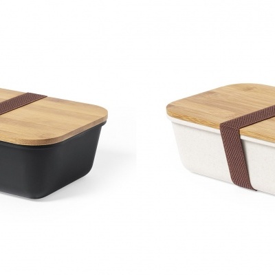 Duas marmitas retangulares com tampa de madeira clara e alça elástica castanha