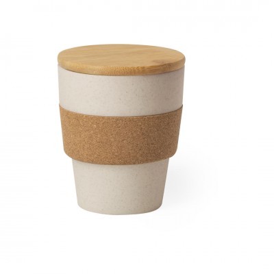 Copo reutilizável bege com tampa de madeira e faixa de cortiça