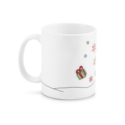 Caneca branca decorada com motivos de Natal coloridos