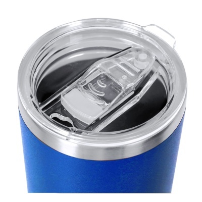 Copo térmico azul com tampa transparente e aço inox na borda