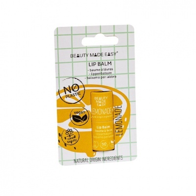 Bálsamo labial Beauty Made Easy sabor limonada em embalagem branca com grelha verde e detalhes amarelos