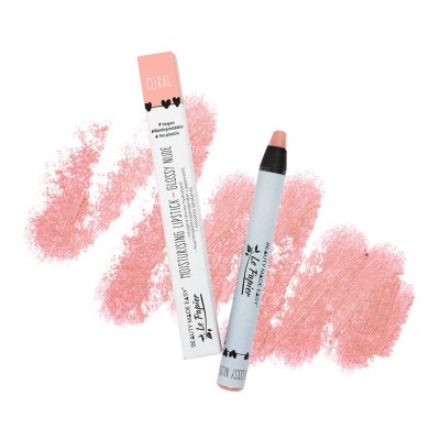 Lápis labial hidratante e de brilho coral com embalagem branca e rosa