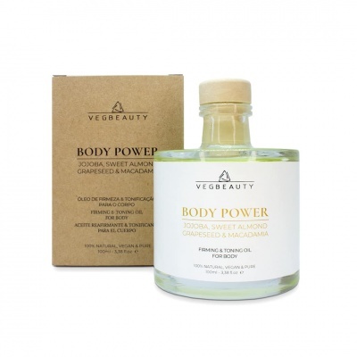Garrafa de óleo corporal Vegbeauty Body Power com embalagem reciclada castanha