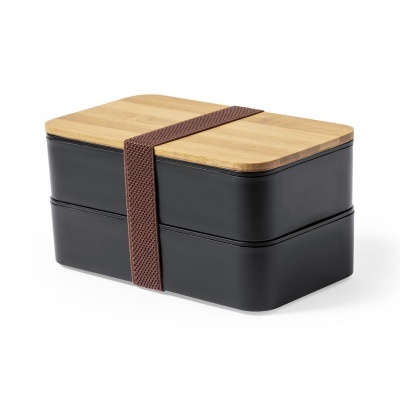 lancheira bento preta com duas camadas e tampa de madeira clara