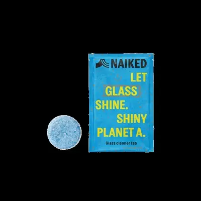 Pacote azul com texto amarelo e preto e pastilha azul redonda para limpeza de vidro