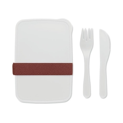 Conjunto de almoço branco com elástico vermelho castanho, garfo e faca de plástico