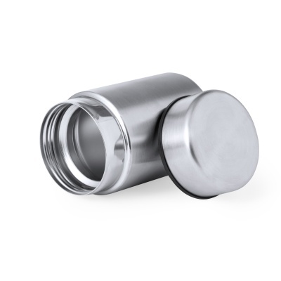 Pote de aço inoxidável com tampa destacada em fundo branco