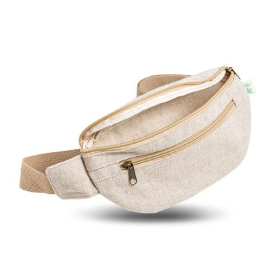 Pochete bege claro com dois fechos éclair e fita ajustável