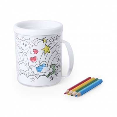 Caneca plástica branca com desenhos para colorir e lápis de cor