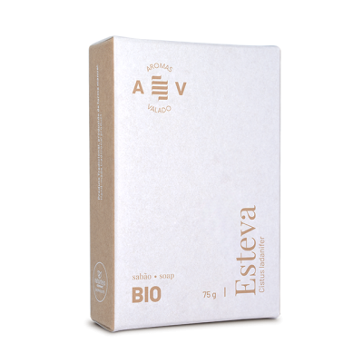 Caixa de sabão BIO Esteva branca com texto dourado e castanho