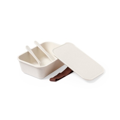 Marmita bege com tampa, divisórias interiores, talheres e fita de velcro castanha