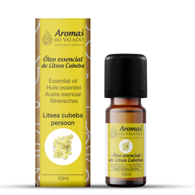 Frasco e embalagem de óleo essencial de Litsea Cubeba, Aromas do Valado, 10ml