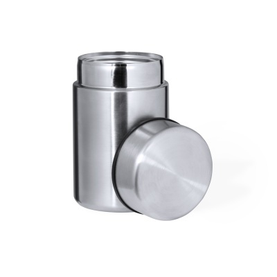 Frasco metálico cilíndrico com tampa removível de aço inox