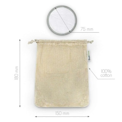 Sacola de malha em algodão 100% com cordão e etiqueta 'Bamboo' e círculo de 75 mm acima