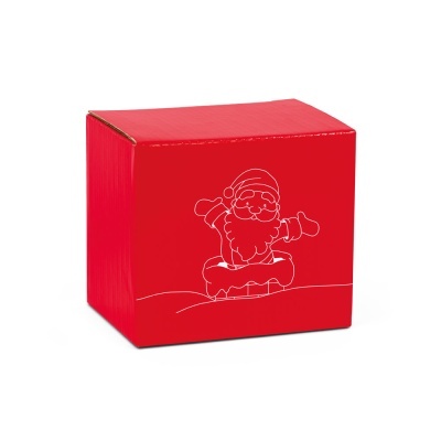 Caixa vermelha de cartão com desenho branco de Pai Natal a fazer snowboard