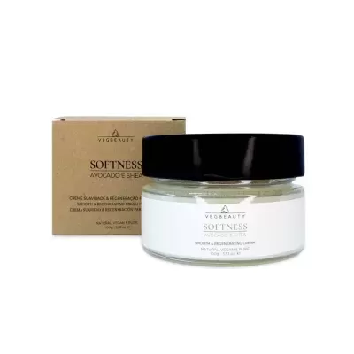 Creme suavizante VEOBEAUTY SOFTNESS com abacate e manteiga de karité em frasco de vidro com tampa preta e caixa castanha