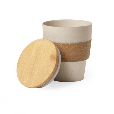 Copo com tampa em bambu e pega em cortiça