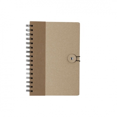 Caderno espiral castanho claro com fecho de botão e elástico