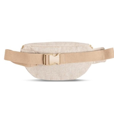 Pochete bege de tecido com cinto e fecho de fivela