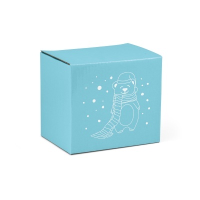 Caixa azul com desenho de urso polar usando cachecol e gorro