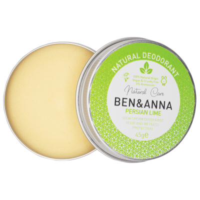 Desodorizante natural em creme BEN&ANNA com tampa verde e embalagem metálica redonda
