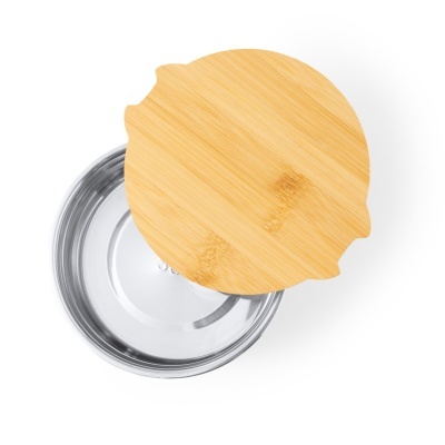 Tampa redonda de madeira clara com base metálica prateada