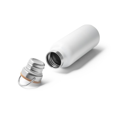 Garrafa térmica branca de metal com tampa destacada