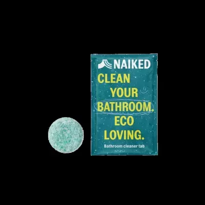 Pacote azul com pastilha de limpeza para casa-de-banho e texto em branco e amarelo