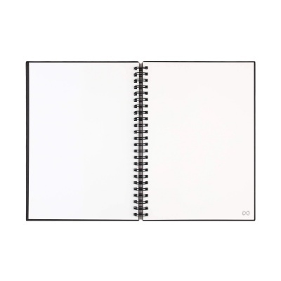 Caderno aberto com páginas brancas e capa preta