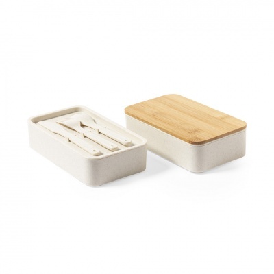 Caixa cerâmica branca com tampa de madeira e utensílios brancos organizados
