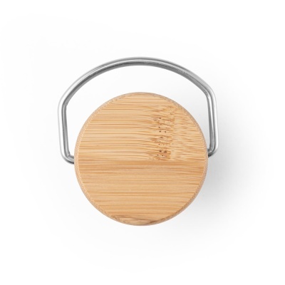 Porta-copos redondo em madeira com pega metálica