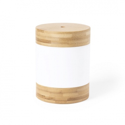 Frasco cilíndrico com tampa e base em madeira clara e corpo branco