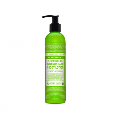 Loção orgânica para mãos e corpo Dr. Bronner's Patchouli Lime em frasco verde com doseador preto