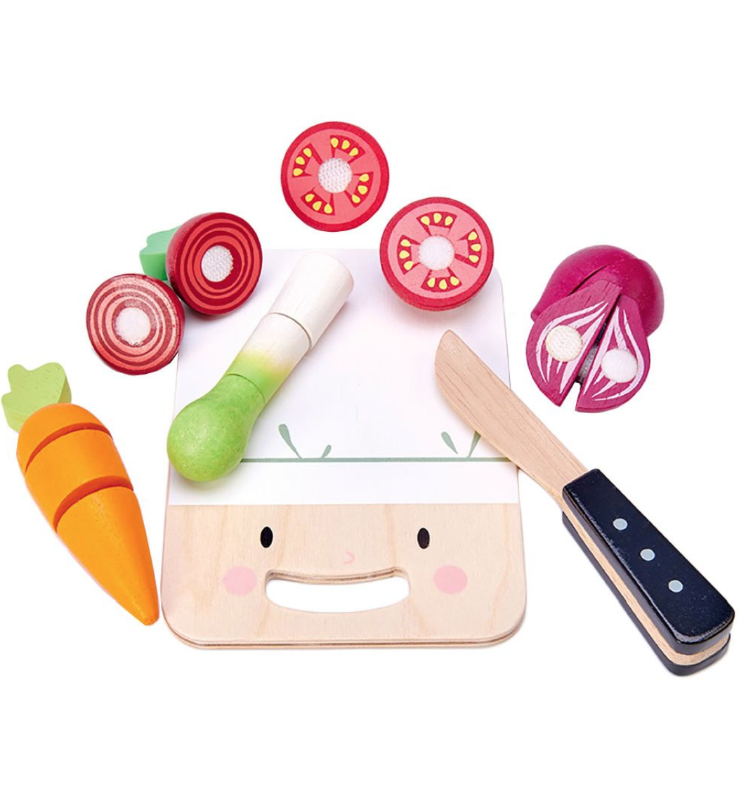 Tábua de corte mini-chef Leaf Wooden Play Set Tábua de corte mini-chef Leaf Wooden Play Set