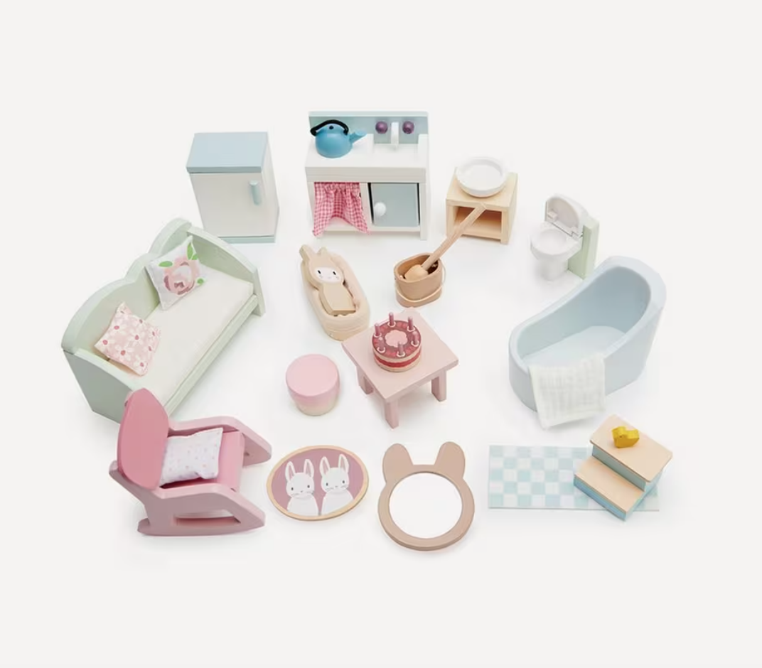 Conjunto inicial de mobília para casa de bonecas Leaf Wooden Play Set Conjunto inicial de mobília para casa de bonecas Leaf Wooden Play Set