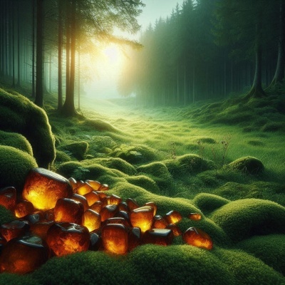 Cubos de âmbar translúcido sobre musgo verde em floresta iluminada pelo sol