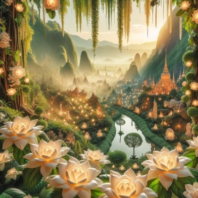 Paisagem fantástica com flores brancas luminosas, montanhas e vila com luzes ao pôr do sol