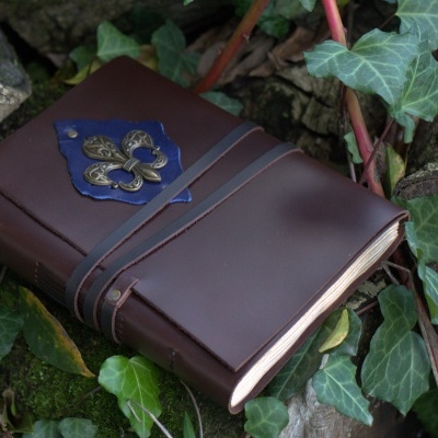 Caderno de capa de pele castanha com ornamento dourado ao ar livre