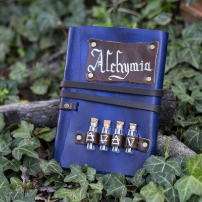 Caderno azul de couro com placa 'Alchymia' e quatro frascos de vidro, em meio a folhas de hera.