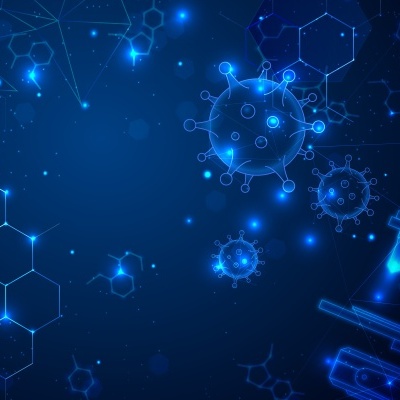 Representação digital azul de vírus, moléculas e microscópio