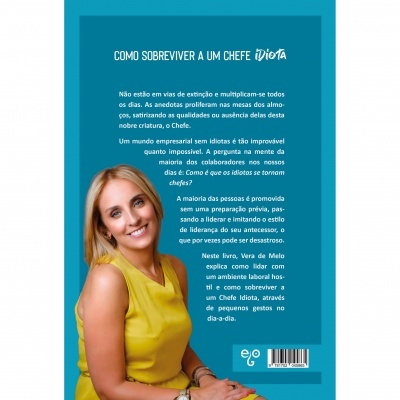 Contracapa de livro azul com mulher loira de camisa amarela e texto explicativo.