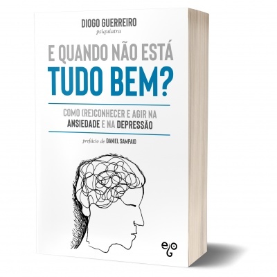 Capa do livro 'E Quando Não Está Tudo Bem?' com texto azul e preto e ilustração de perfil de cabeça com rabiscos.